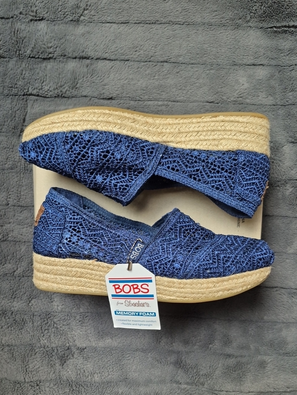 Bobs From Skechers Blue Crochet Espadrille Wedges Size 7.5, New With Tags!